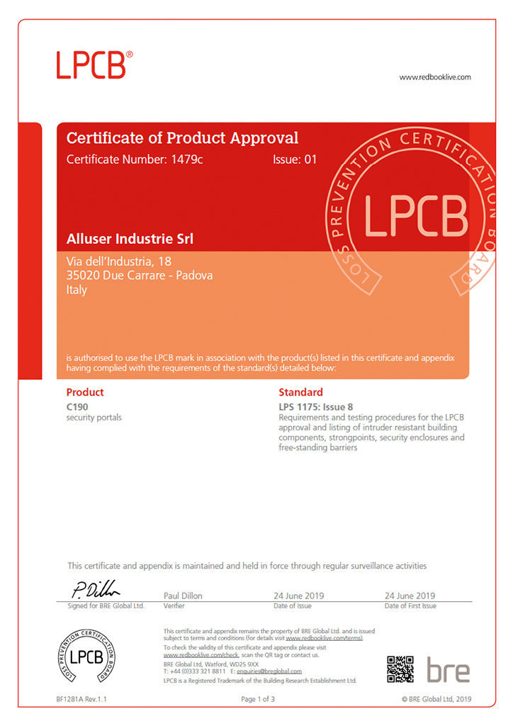 LPS1175 issue 8 Certificate of Product approval for portal model C190