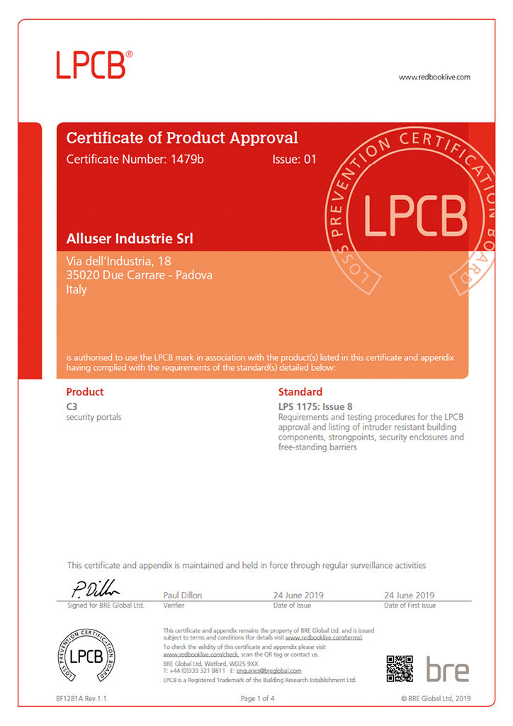 LPS1175 issue 8 Certificate of Product approval for portal model C3